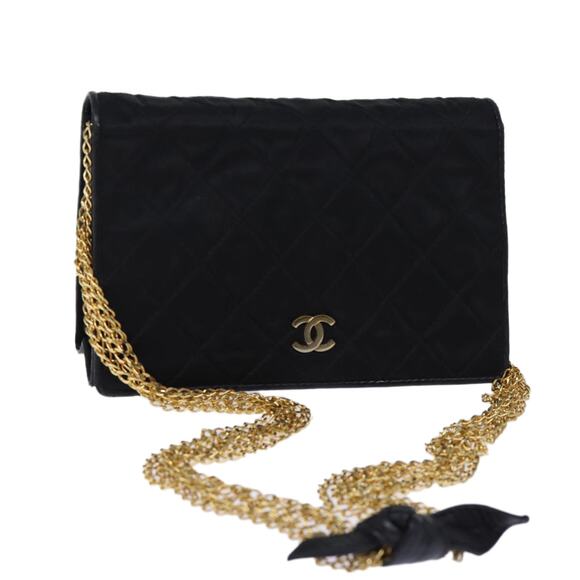 CHANEL Matelasse Chain Shoulder Bag Satin Black CC - Picture 1 of 16